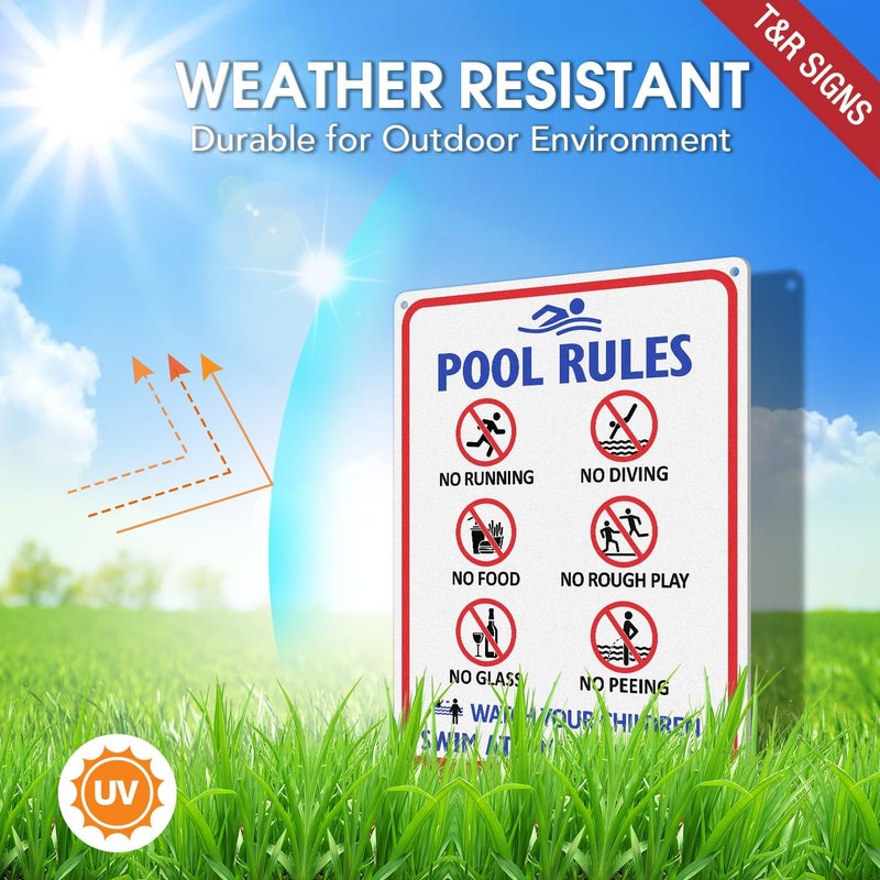 TR Pool Rules Sign with Symbols, No Diving, No Glass, No Food, No Peeing, Swim at Your Own Risk Sign - 2 Pack - 14"x10" .040 Rust Free Heavy Aluminum, Reflective, Waterproof and Fade Resistant, 4 pre-drilled holes, Easy to Mount - Image 3